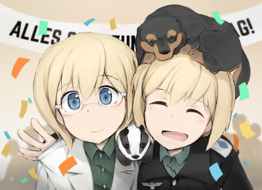 2girls, badger, banner, birthday, blonde_hair, blue_eyes, confetti, dachshund