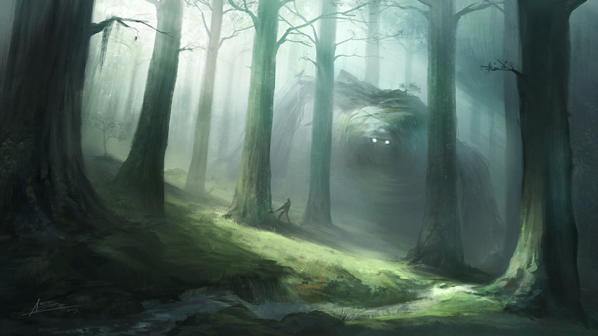 1boy, artur_zuma, chopping, forest, monster, nature, original, scenery