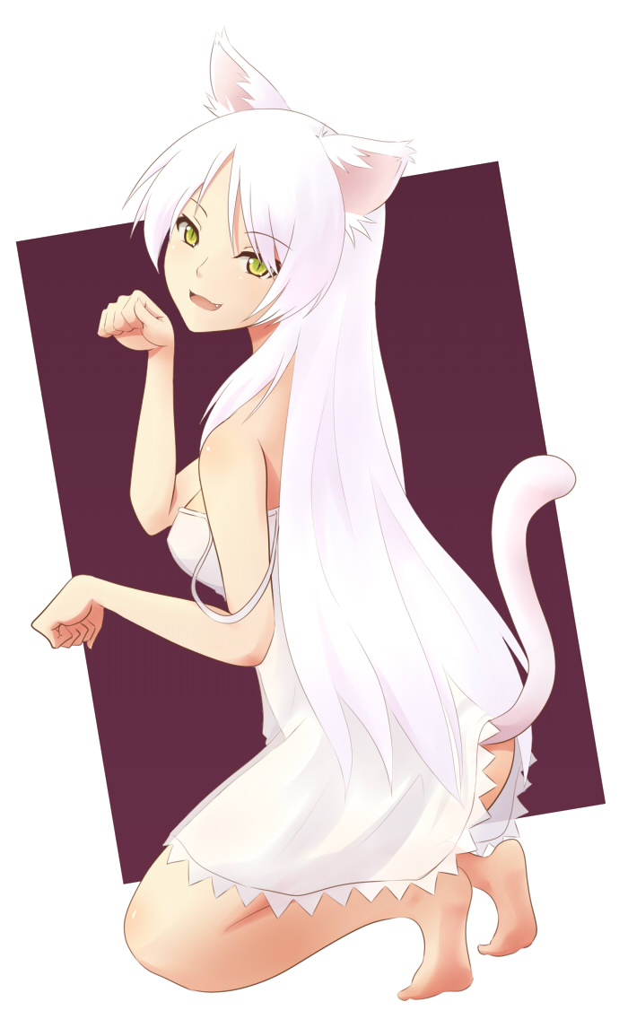1girl, animal_ears, bad_id, bakemonogatari, bare_shoulders, barefoot, black_hanekawa, cat_ears