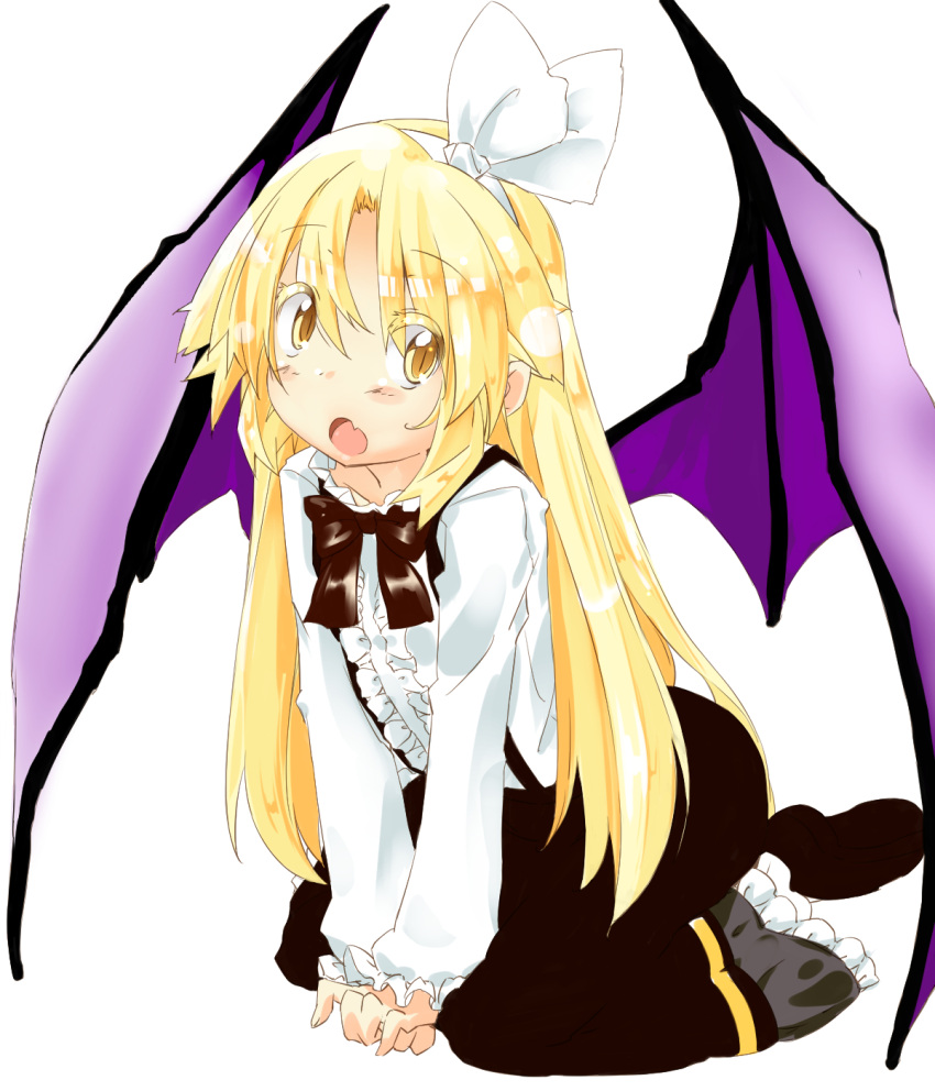 1girl, bat_wings, blush, bow, hair_bow, highres, kurumi_(touhou), long_hair