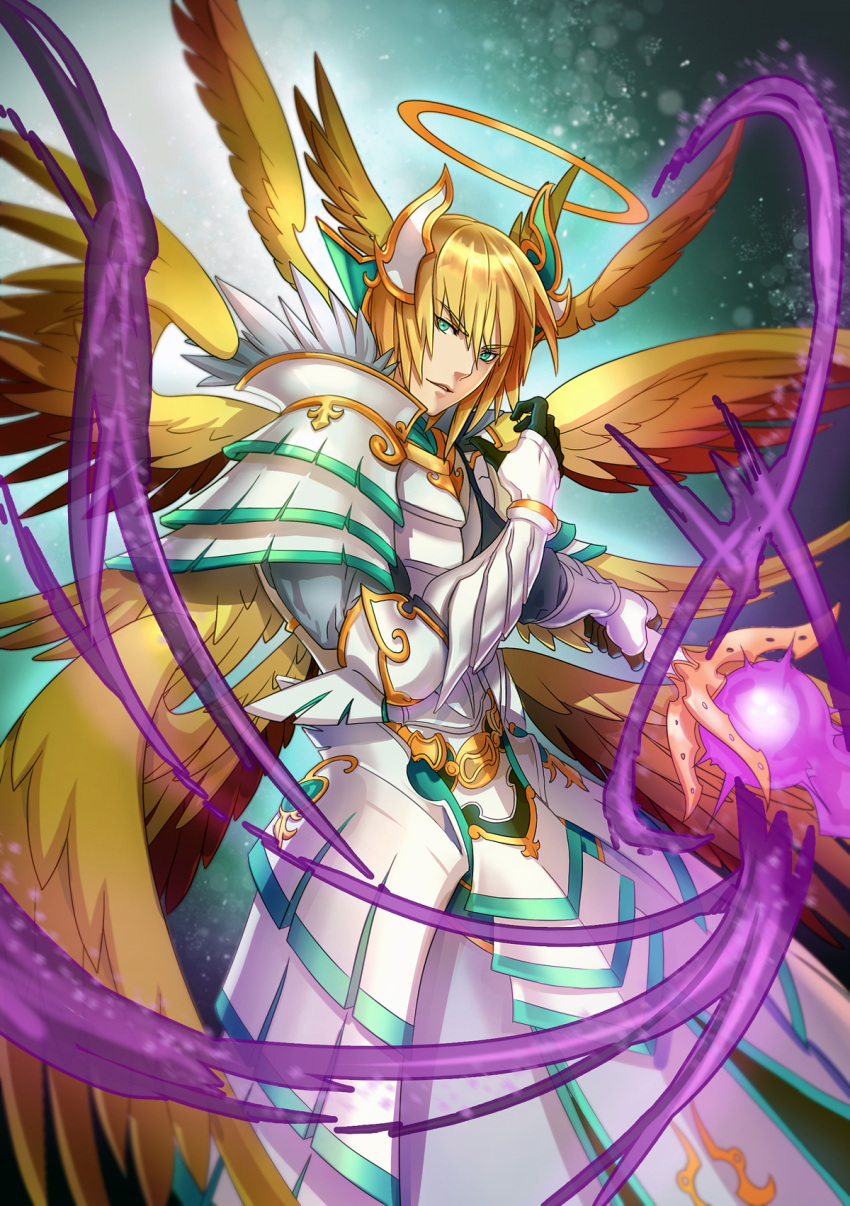 1boy, aqua_eyes, archangel_lucifer, blonde_hair, green_eyes, halo, highres, imari
