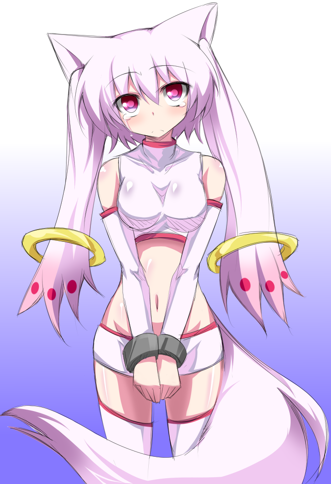 1girl, blush, breasts, kaiser2050101, kyubey, mahou_shoujo_madoka_magica, personification, pink_eyes
