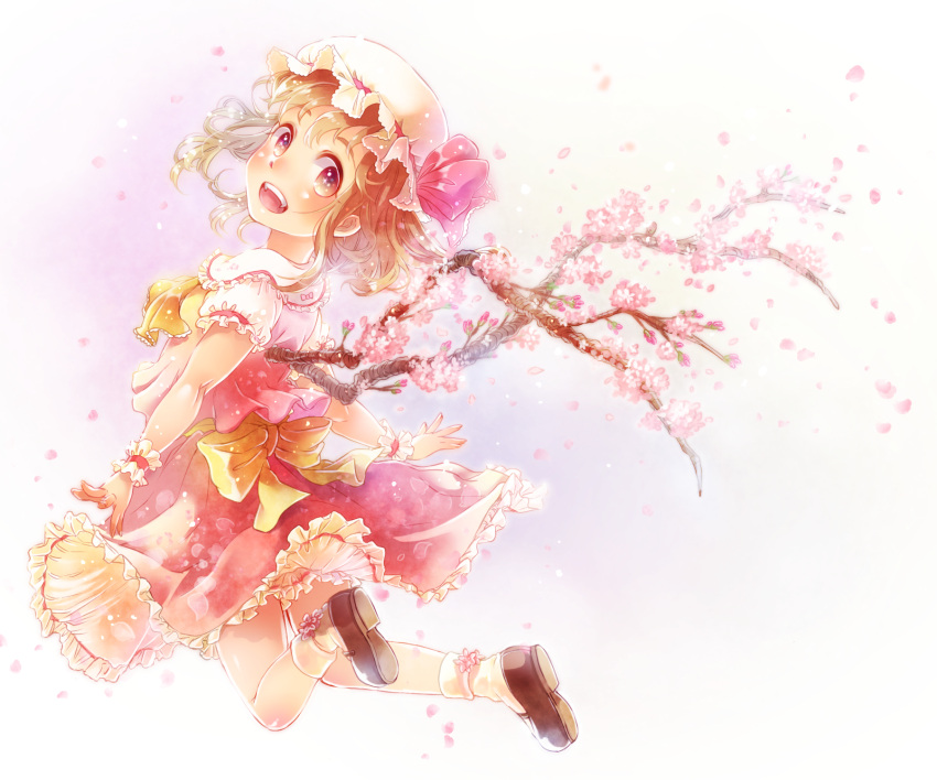1girl, ascot, blonde_hair, blouse, blush, bow, cherry_blossoms, fangs