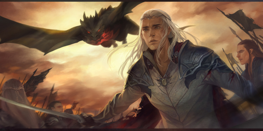 armor, blonde_hair, circlet, dragon, elf, lord_of_the_rings, onisakiyoruka, pointy_ears