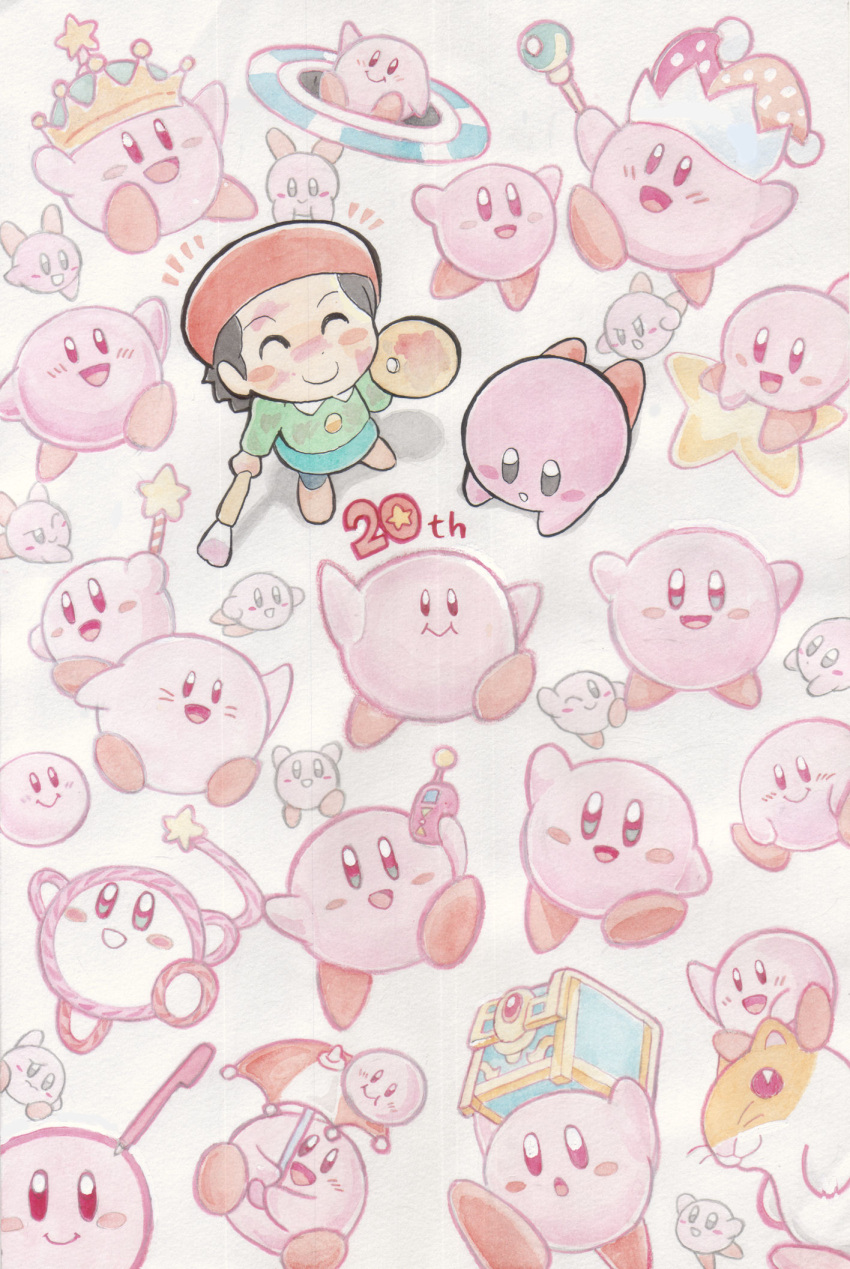 1girl, :d, adeleine, anniversary, art_brush, blush_stickers, copy_ability, crown