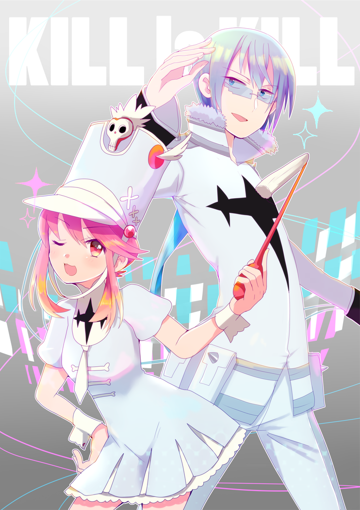 1boy, 1girl, baton_(instrument), blue_dress, blue_hair, dress, glasses, hand_on_hip, hat, hat_ornament, holding, inumuta_houka, jakuzure_nonon, kill_la_kill, long_sleeves, looking_at_viewer, matsumae_(tokoroten-max), open_mouth, payot, pink_eyes, pink_hair, puffed_sleeves, shako_cap, short_hair, short_sleeves, skull, uniform, winged_hat, wrist_cuffs