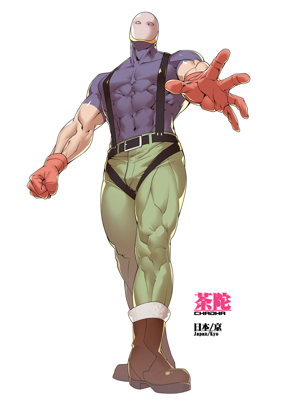 1boy, abs, boots, chadha, clenched_hand, gloves, highres, mask, muscle, official_art, skin_tight, solo, suspenders, tomoyuki_kotani, yatagarasu_(game)