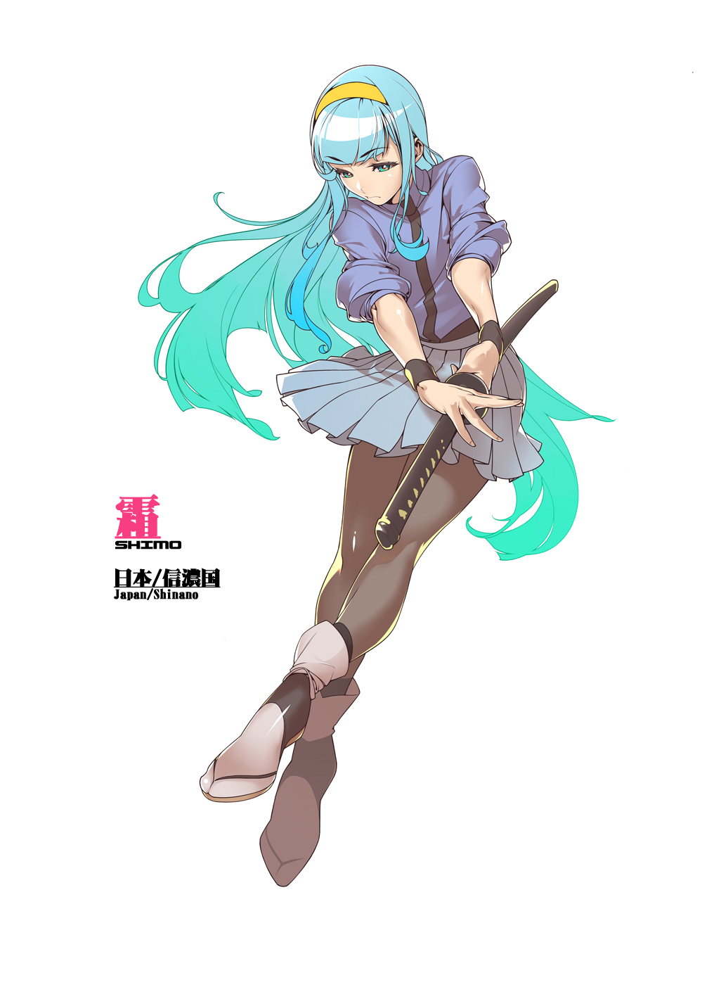 1girl, battoujutsu_stance, blue_eyes, blue_hair, character_name, fighting_stance, hairband, hand_on_hilt, highres, katana, long_hair, official_art, pantyhose, pleated_skirt, shimo_(yatagarasu), skirt, sleeves_rolled_up, solo, sword, tabi, tomoyuki_kotani, track_jacket, weapon, white_background, wristband, yatagarasu_(game)