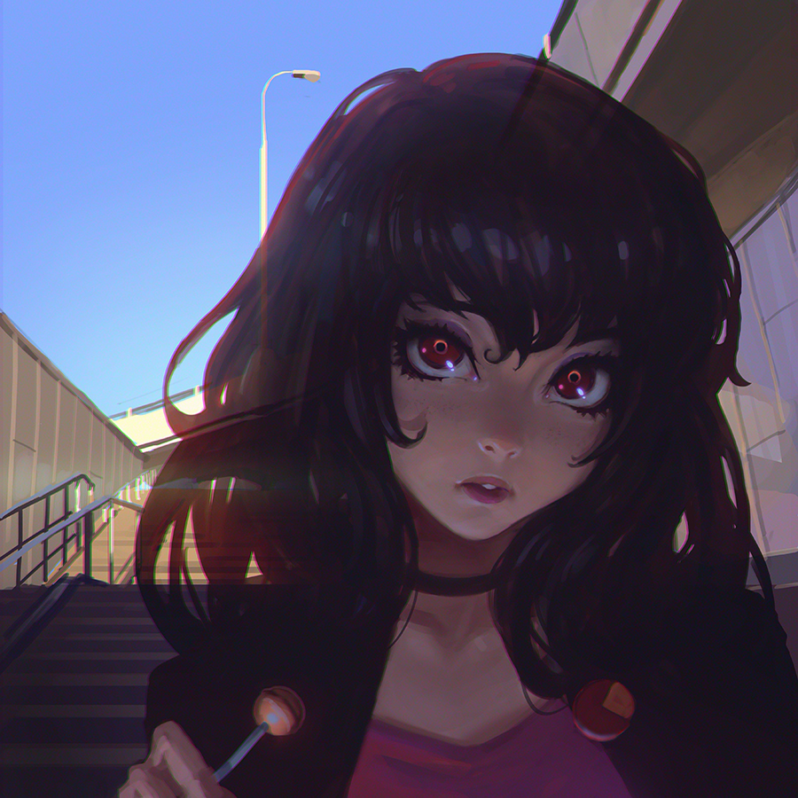 1girl, badge, bangs, black_hair, blue_sky, bust, button_badge, candy, choker, eyelashes, ilya_kuvshinov, lamppost, lollipop, looking_at_viewer, original, outdoors, red_eyes, sky, solo, stairs, t-shirt, transparent, wavy_hair