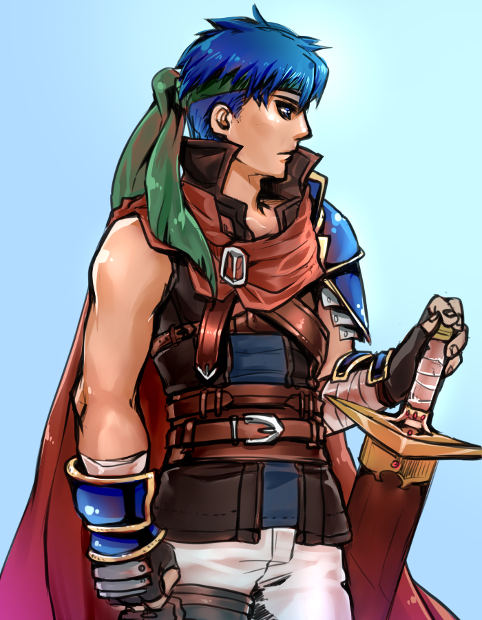 asymmetrical_clothes, bandages, belt, blue_eyes, blue_hair, cape, fingerless_gloves, fire_emblem