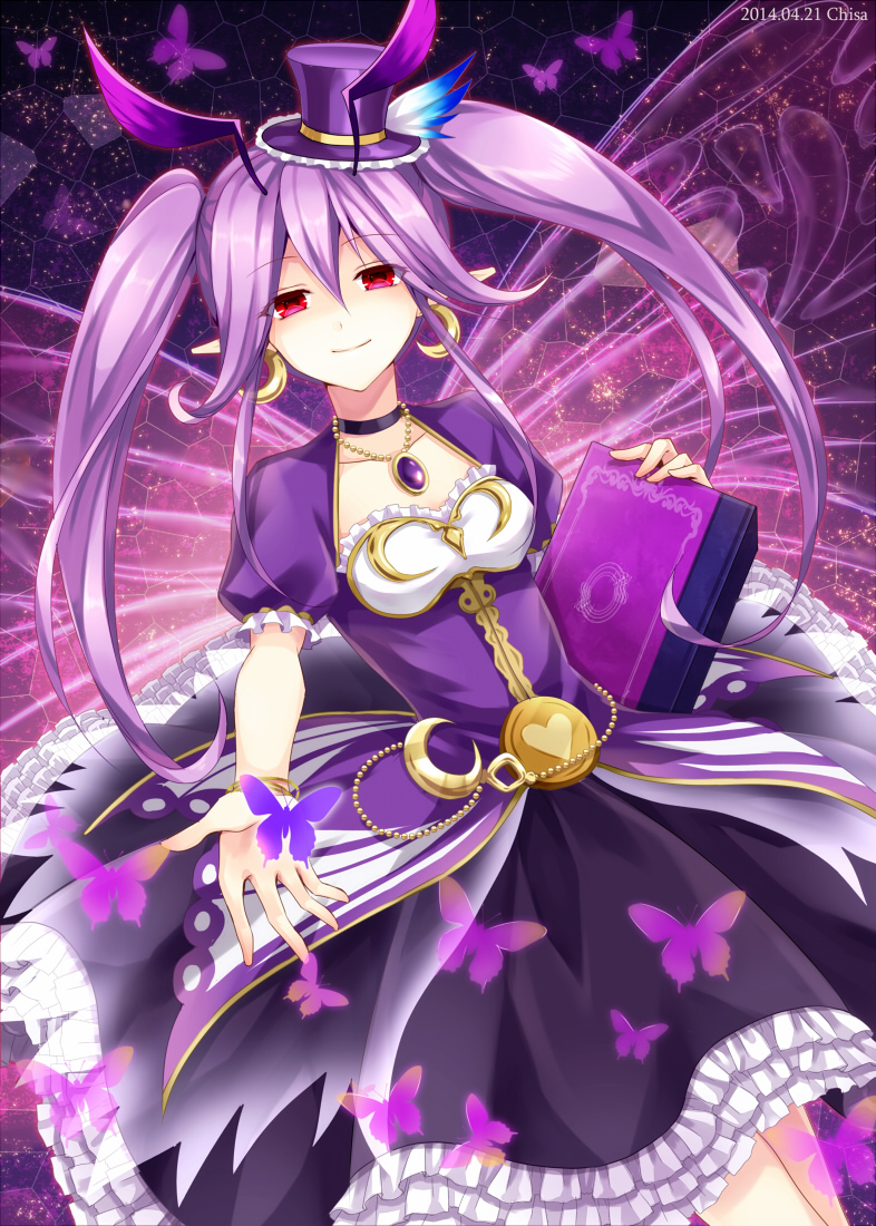 1girl, antennae, book, butterfly, cattleya_(p&amp;d), chisa, dress, earrings, fairy_wings, jewelry, necklace, pointy_ears, purple_hair, puzzle_&amp;_dragons, red_eyes, twintails, wings