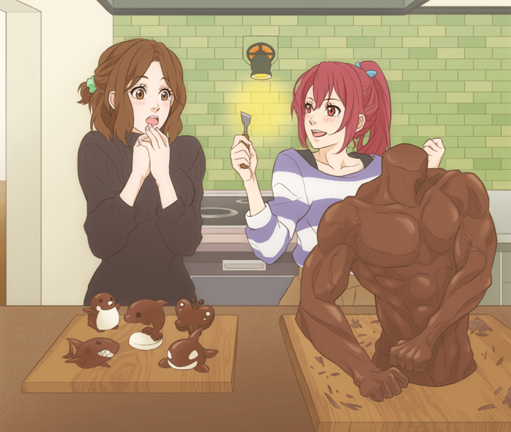 2girls, akatsubak1, amakata_miho, bird, blush, brown_eyes, brown_hair, butterfly