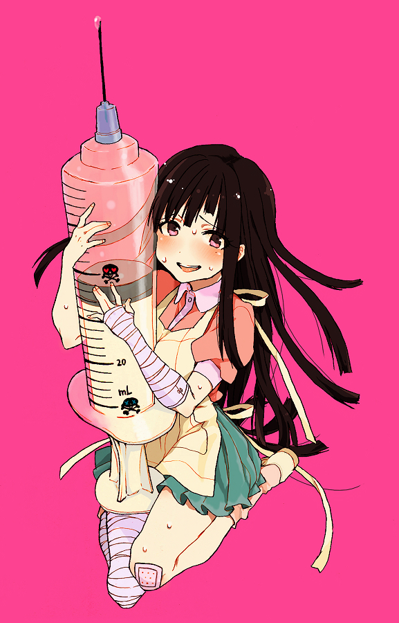 1girl, apron, bandages, black_hair, blush, bow, dangan_ronpa, khr