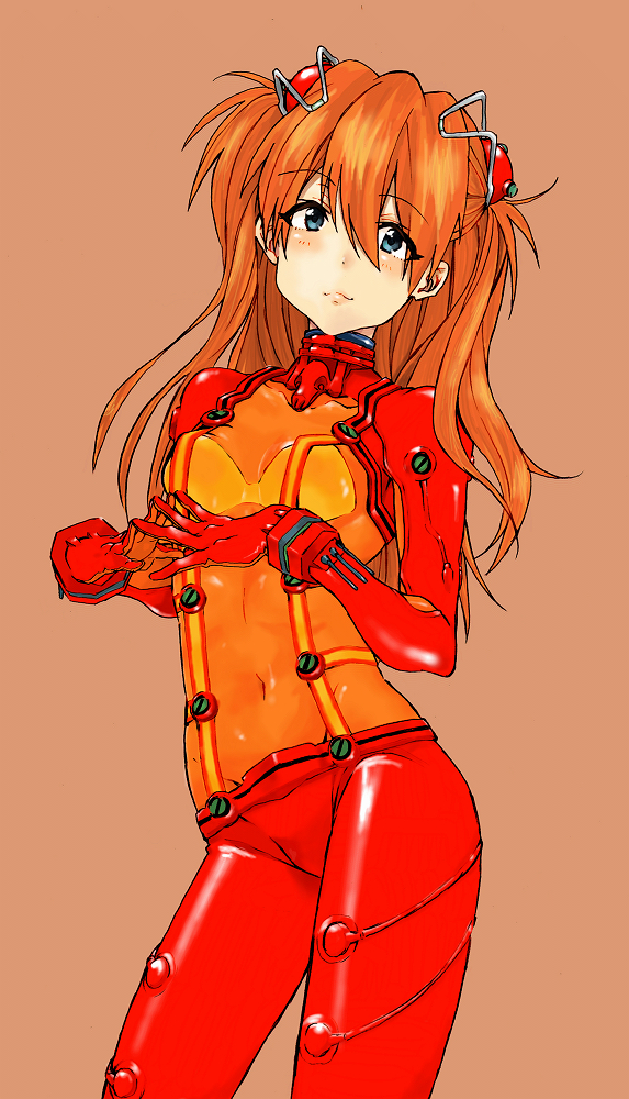 1girl, blue_eyes, blush, bodysuit, brown_background, covered_navel, evangelion:_2.0_you_can_(not)_advance, hair_ornament