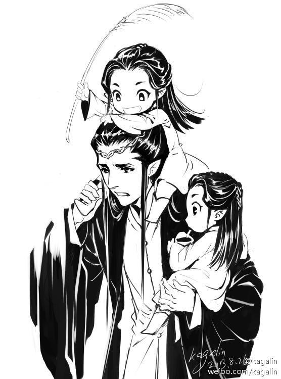 3boys, artist_name, child, circlet, dated, elladan, elrohir, elrond, family, father_and_son, feathers, kaga, lord_of_the_rings, monochrome, multiple_boys, person_on_head, siblings, signature, twins, watermark, web_address