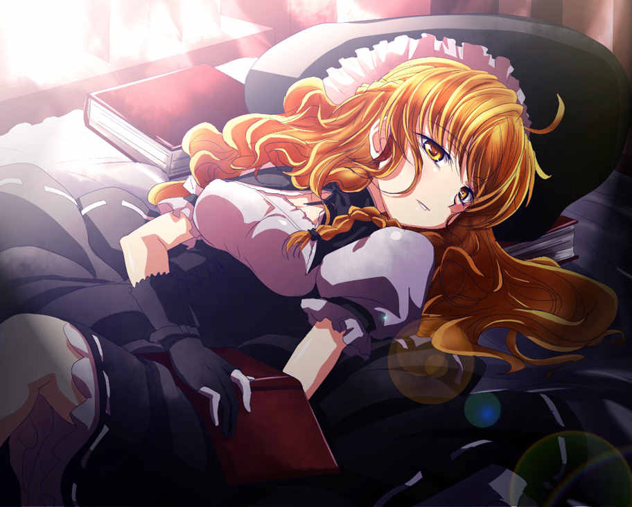 book, gloves, hat, kirisame_marisa, lying, mekabu, on_back, touhou