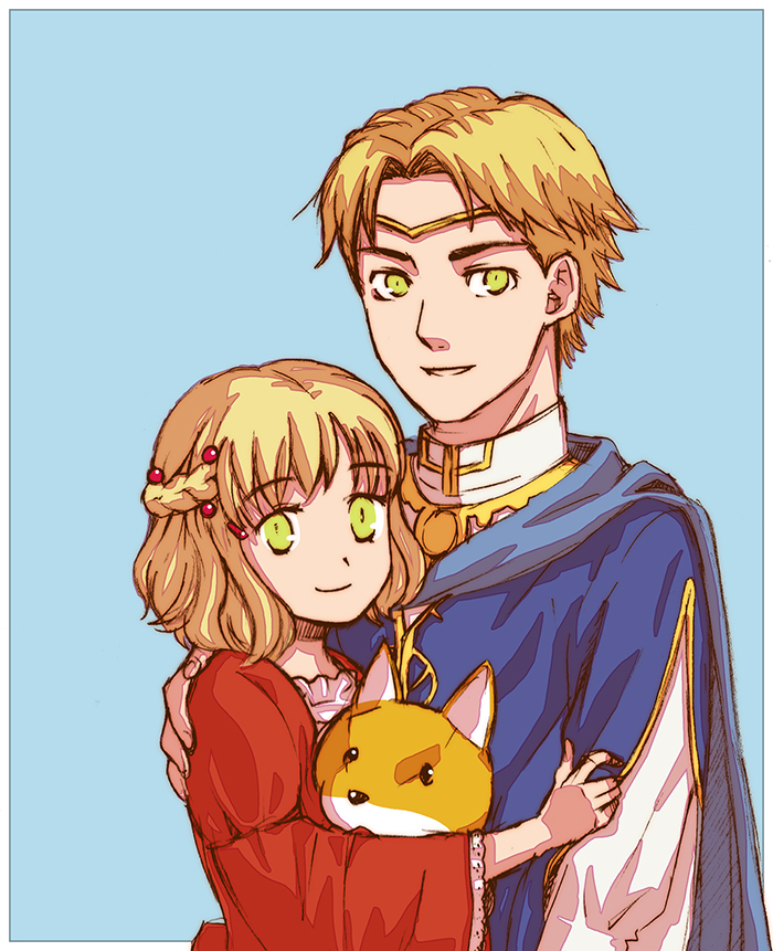 1boy, 1girl, blonde_hair, blue_background, brother_and_sister, circlet, fire_emblem, fire_emblem:_rekka_no_ken, fox, hair_ornament, half_updo, hand_on_shoulder, kinaco, short_hair, siblings, simple_background, smile, yellow_eyes, zephiel