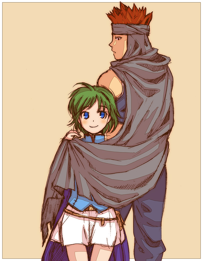 1boy, 1girl, blue_eyes, cape, couple, fire_emblem, fire_emblem:_rekka_no_ken, green_hair