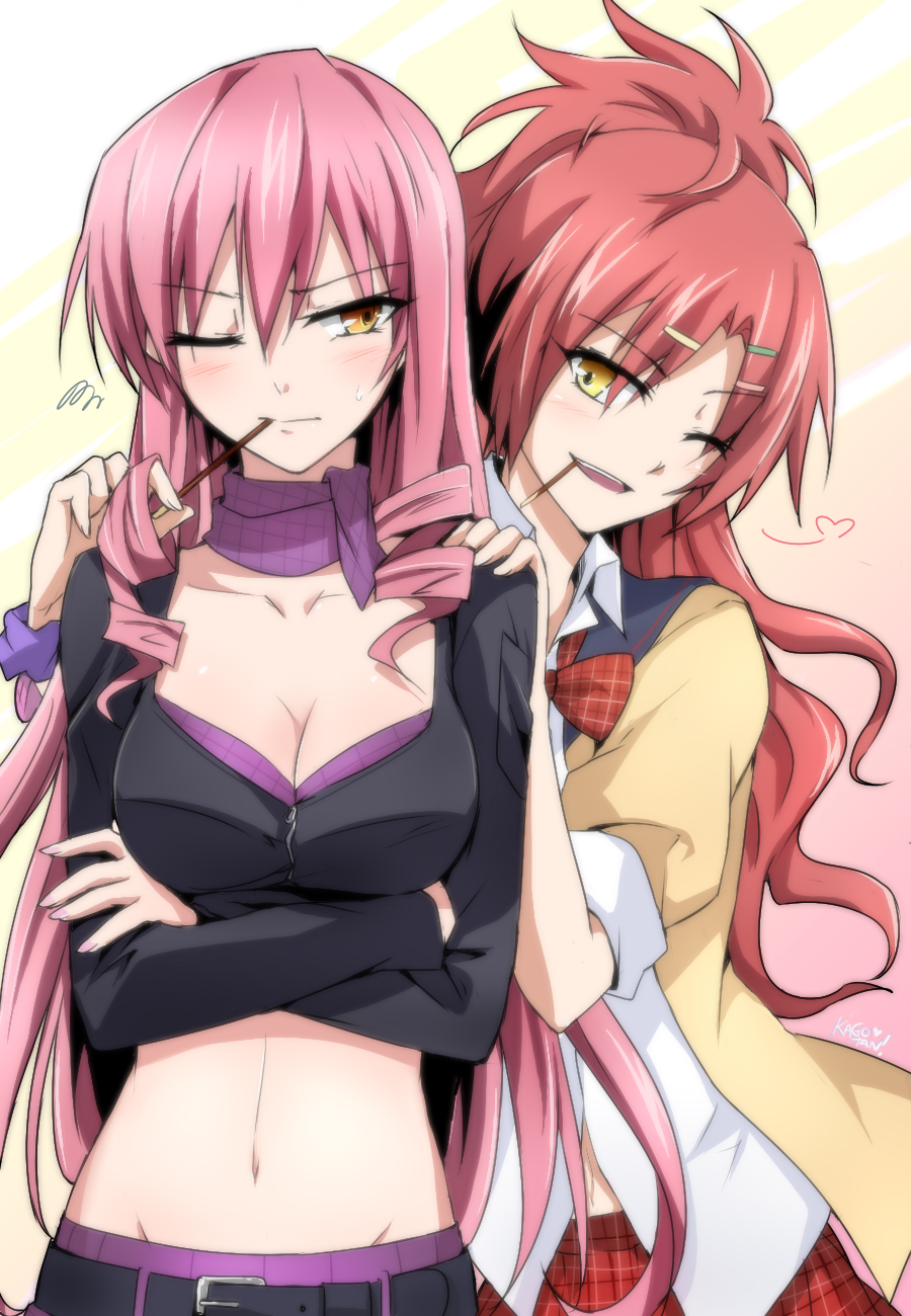 2girls, akuma_no_riddle, belt, breasts, brown_eyes, cleavage, hair_ornament, hairclip