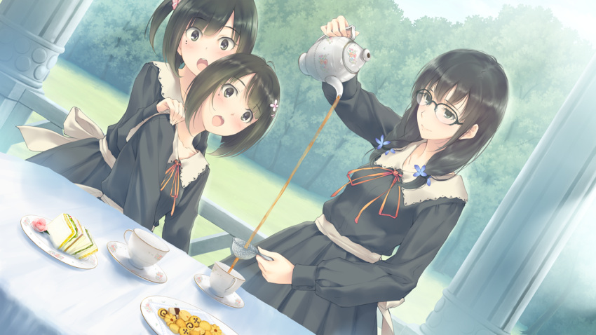 3girls, :o, blush, braid, checkerboard_cookie, cookie, cup, decantering, flower, flowers_(innocent_grey), food, game_cg, glasses, hair_flower, hair_ornament, hanabishi_ririka, hand_on_another's_shoulder, light_smile, mole, multiple_girls, open_mouth, plate, sandwich, sasaki_ichigo, sasaki_ringo, saucer, sugina_miki, table, tea_party, teacup, teapot, tree, twin_braids