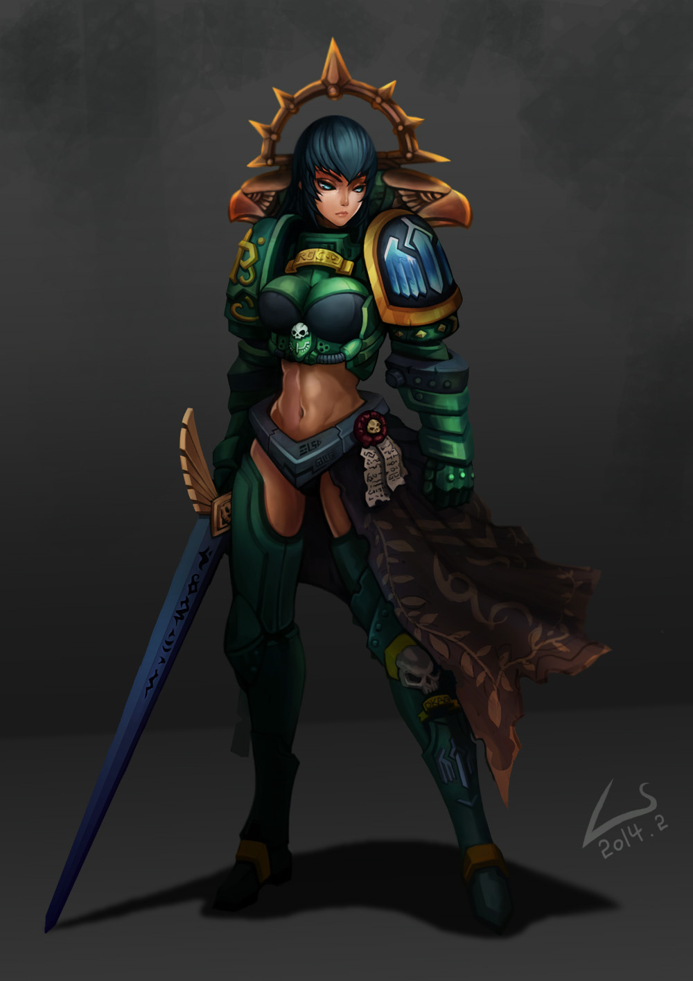 1girl, blue_eyes, blue_hair, boots, breasts, dark_angels, dated, gauntlets, genderswap, heresy, highres, l_axe, midriff, navel, pauldrons, power_armor, purity_seal, short_hair, signature, solo, space_marine, sword, thigh-highs, thigh_boots, warhammer_40k, weapon