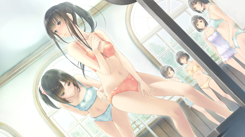 6+girls, black_hair, bloomers, blush, bra, camisole, chemise, flowers_(innocent_grey)