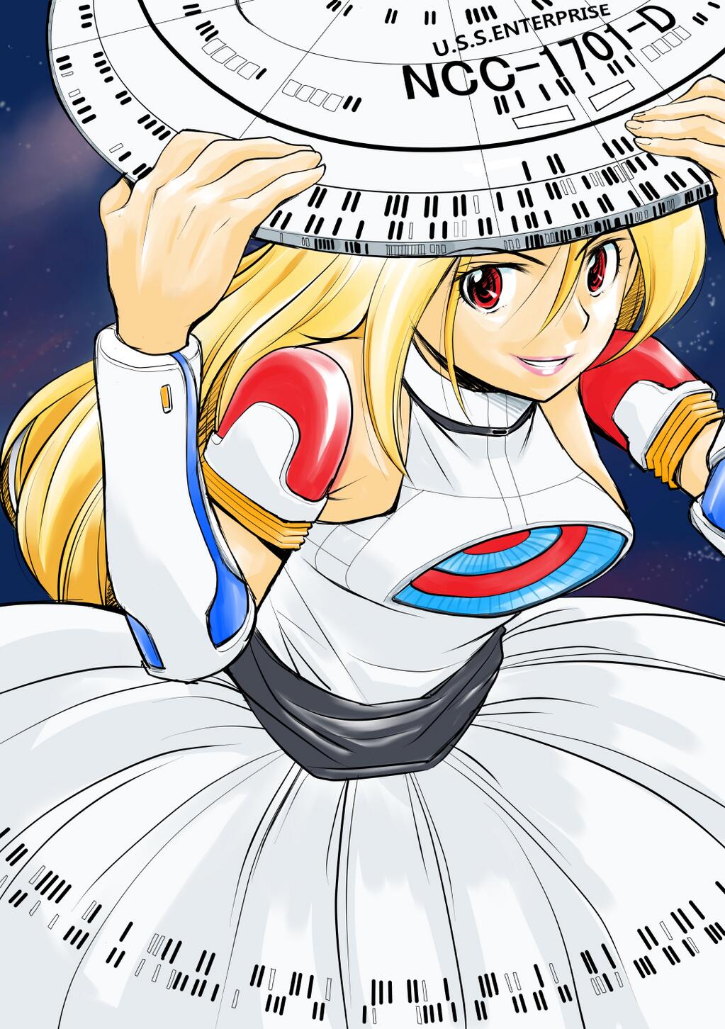 1girl, blonde_hair, dress, highres, personification, red_eyes, ryoumoto08, saucer, smile, solo, space, star_trek, star_trek:_the_next_generation, uss_enterprise_ncc-1701-d