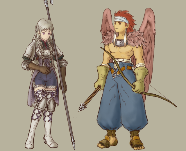 1boy, 1girl, armor, arrow, bandages, boots, bow_(weapon), braid, breastplate, canopus_wolph, gloves, gradient, gradient_background, long_hair, norinori_(mayfair-green), pauldrons, polearm, ravness_loxaerion, red_eyes, redhead, sandals, silver_hair, tactics_ogre, thigh-highs, thigh_boots, topless, twin_braids, violet_eyes, weapon, wings, zettai_ryouiki