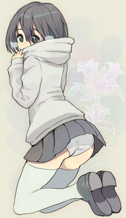 1girl, ass, blush, breath, hasesese, hoodie, looking_at_viewer, looking_back, original, short_hair, solo, thigh-highs