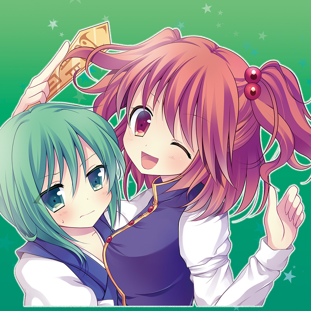 2girls, blush, cosplay, costume_switch, green_background, green_eyes, green_hair, hair_bobbles