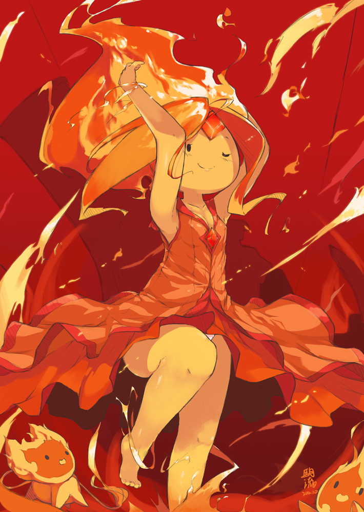 1girl, adventure_time, armpits, dancing, dress, fire, flambo, flame_princess, forehead_jewel, long_hair, panties, red_eyes, small_breasts, smile, thighs, underwear, white_panties, wink