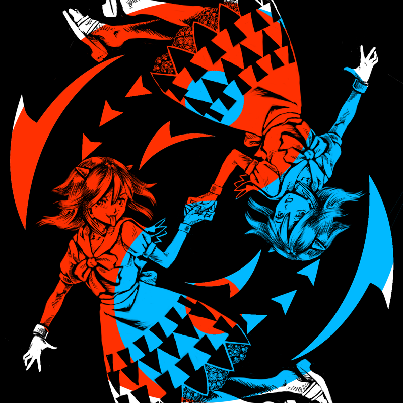 2girls, bangle, black_background, bow, bracelet, directional_arrow, dress, dual_persona