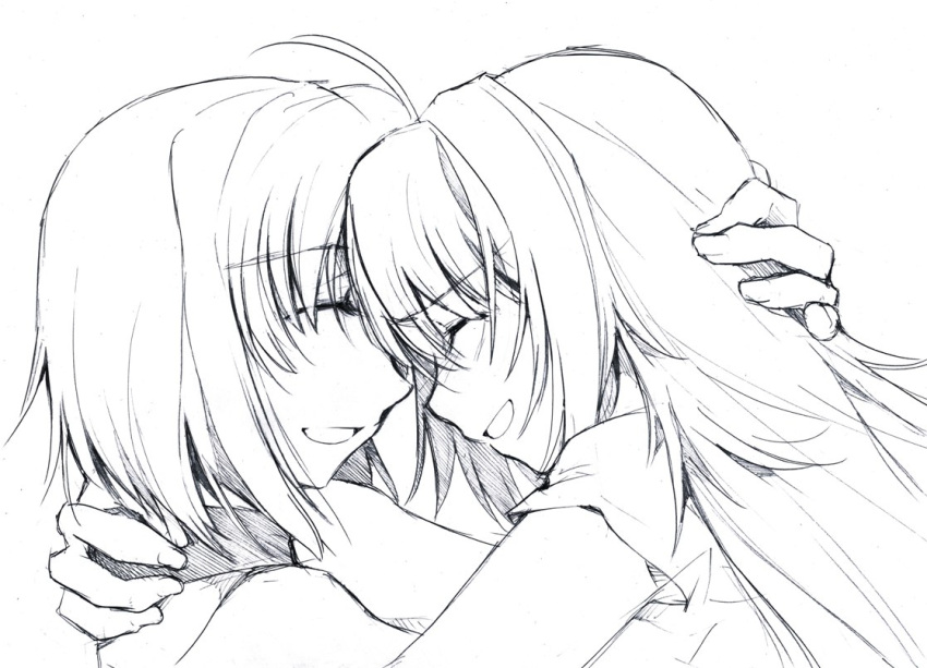 ahoge, bare_shoulders, canaan, canaan_(character), closed_eyes, hug, kapiko, long_hair, monochrome, oosawa_maria, open_mouth, short_hair, sketch, smile, yuri