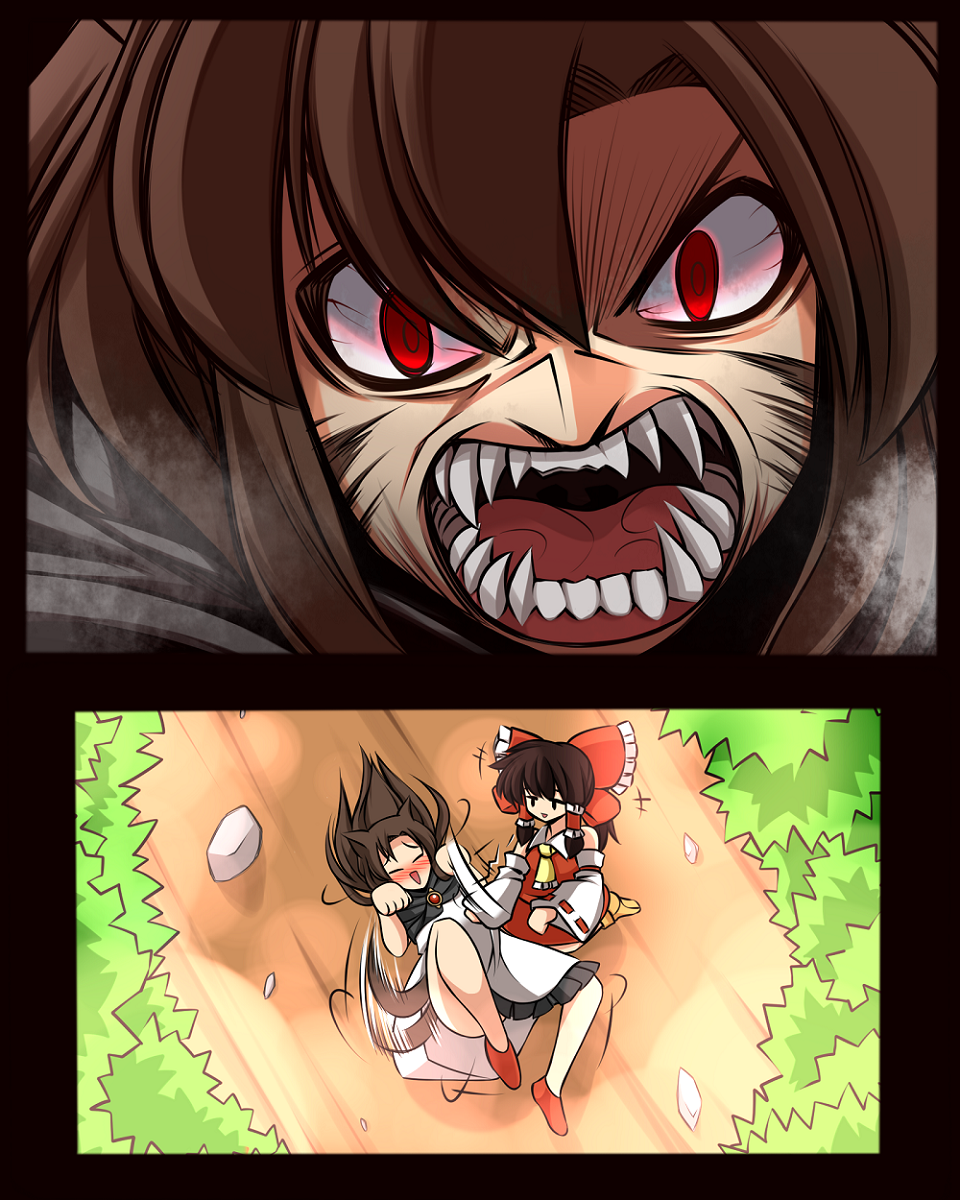 belly_rub, blush, eye_veins, fangs, flailing, hakurei_reimu, highres, hinomoto102521