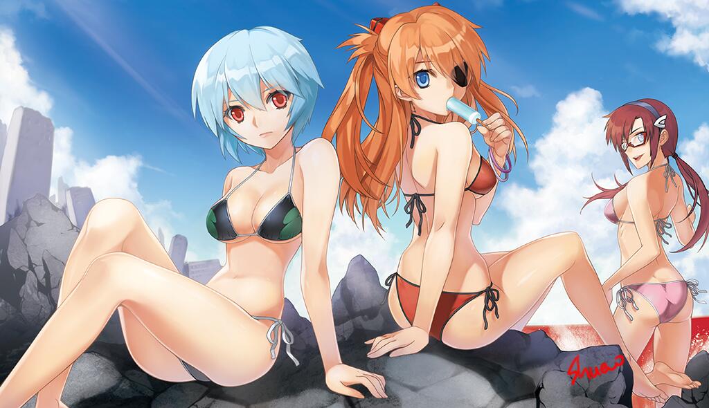 3girls, ayanami_rei, back, bikini, blue_eyes, blue_hair, blue_sky, breasts, brown_hair, cleavage, clouds, collarbone, eyepatch, glasses, hair_ornament, hairband, lcl, light_brown_hair, long_hair, looking_at_viewer, looking_back, makinami_mari_illustrious, multiple_girls, neon_genesis_evangelion, ocean, pink_bikini, popsicle, rebuild_of_evangelion, red-framed_glasses, red_bikini, red_eyes, ruins, shikinami_asuka_langley, short_hair, shuen, side-tie_bikini, sideboob, sitting, sitting_on_rock, sky, souryuu_asuka_langley, swimsuit, twintails, underboob