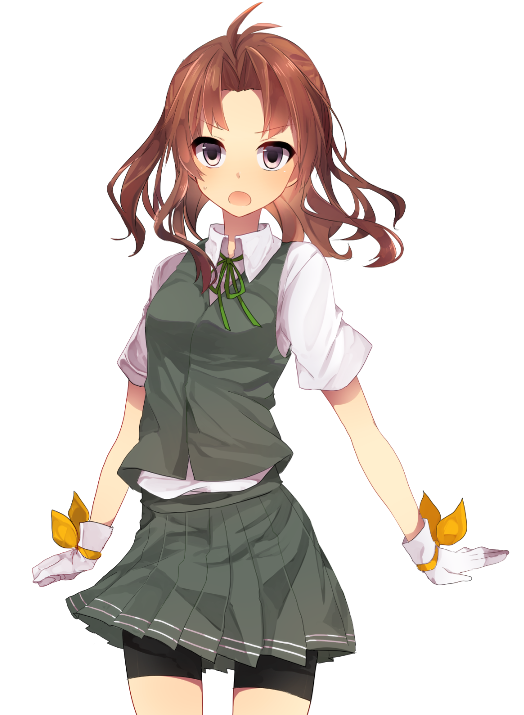 1girl, alternate_hairstyle, bike_shorts, bow, brown_hair, character_name, gloves, hair_undone