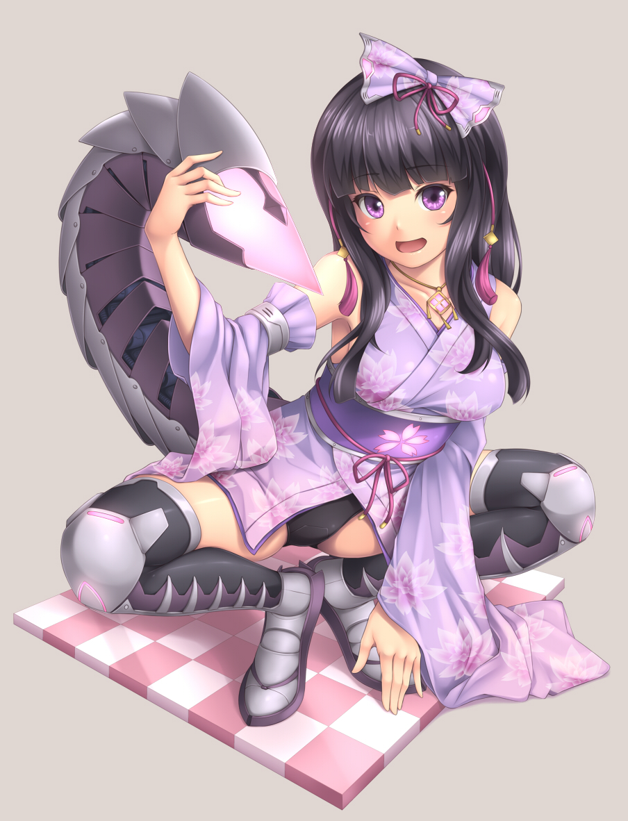 1girl, background, black_hair, bow, breasts, grey_background, hair_bow, japanese_clothes