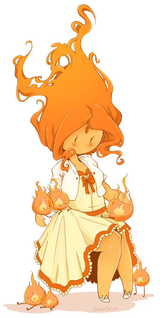 1girl, adventure_time, blush, dress, fire, flambo, flame_princess, flaming_hair, forehead_jewel, jacket, long_hair, ribbon, sitting, smile