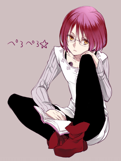 1boy, androgynous, expressionless, eyelashes, glasses, gowther, komenama, looking_at_viewer