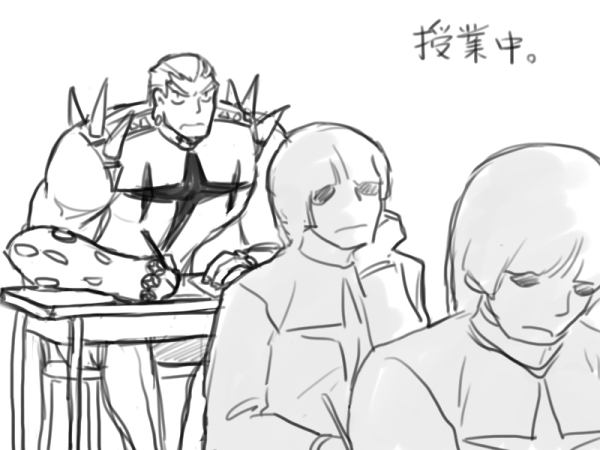 class, comic, desk, extra, gamagoori_ira, ke_tra, kill_la_kill, short_hair