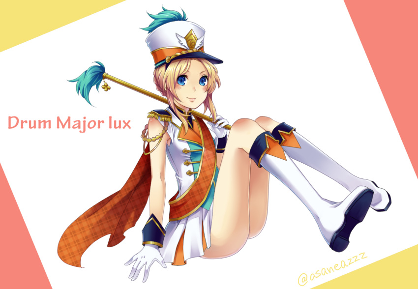 1girl, alternate_costume, band_uniform, blonde_hair, blue_eyes, breasts, gloves, hat, konomoto, league_of_legends, luxanna_crownguard, marching_band_baton, shako_cap, short_hair, skirt, smile, solo