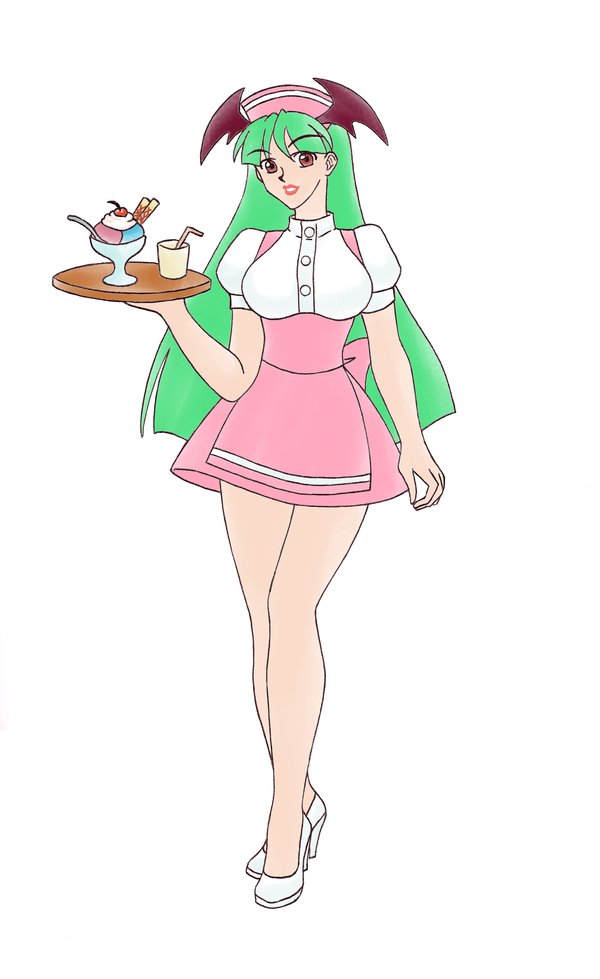 1girl, anggelebon, bat_wings, capcom, demon_girl, female, green_hair, morrigan_aensland, pocket_fighter, solo, succubus, vampire_(game), waitress, wings