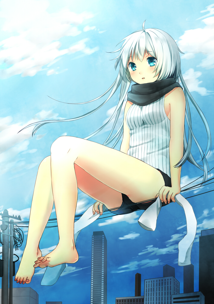 1girl, barefoot, blue_eyes, clarinet_(natsumi3230), feet, legs, long_hair, original
