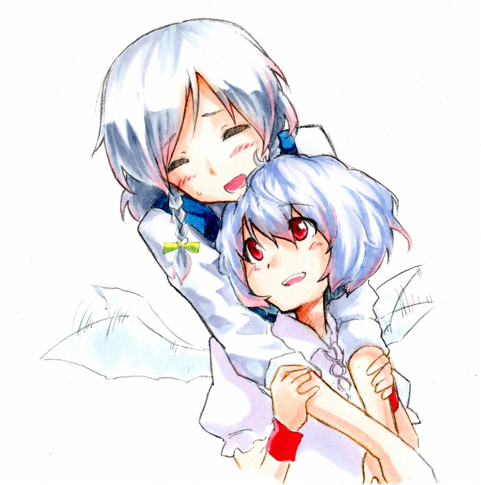2girls, arm_holding, blush, bust, closed_eyes, colored_pencil_(medium), flapping, graphite_(medium), hug, hug_from_behind, izayoi_sakuya, long_sleeves, looking_at_another, looking_back, marker_(medium), motion_lines, multiple_girls, no_hat, open_mouth, red_eyes, remilia_scarlet, shiratama_(hockey), silver_hair, simple_background, sleeves_pushed_up, touhou, traditional_media, white_background, wrist_cuffs