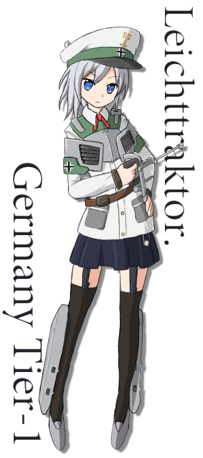 1girl, adana, blue_eyes, character_name, flat_chest, garter_straps, gun, hand_on_hip, hat, leichttraktor, military, military_vehicle, personification, pleated_skirt, short_hair, silver_hair, skirt, solo, tank, thigh-highs, uniform, vehicle, weapon, world_of_tanks, zettai_ryouiki