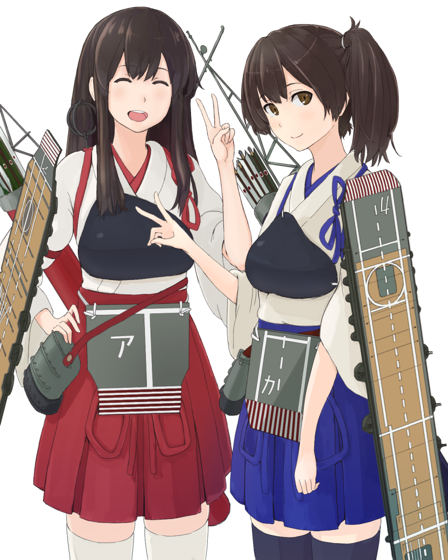 2girls, akagi_(kantai_collection), brown_hair, hand_on_hip, kaga_(kantai_collection), kantai_collection, kosame, multiple_girls, muneate, personification, side_ponytail, smile, traditional_clothes, v