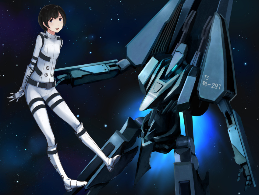 androgynous, black_hair, blue_eyes, highres, kosame, mecha, science_fiction, shinatose_izana