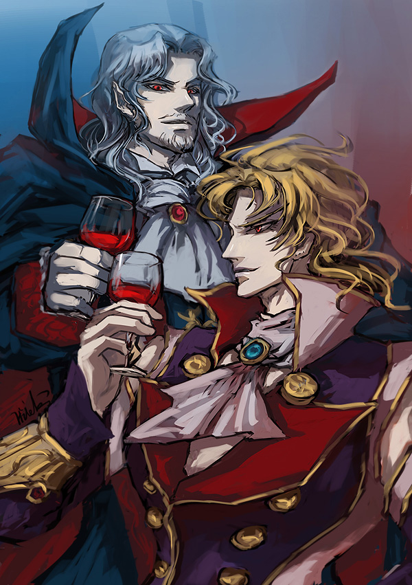 2boys, blonde_hair, castlevania, crossover, dio_brando, dracula, grey_hair, hideki, jojo_no_kimyou_na_bouken, multiple_boys, vampire