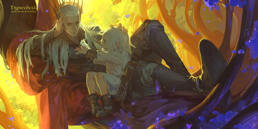 2boys, arrow, blonde_hair, blue_eyes, boots, child, elf, hunsay