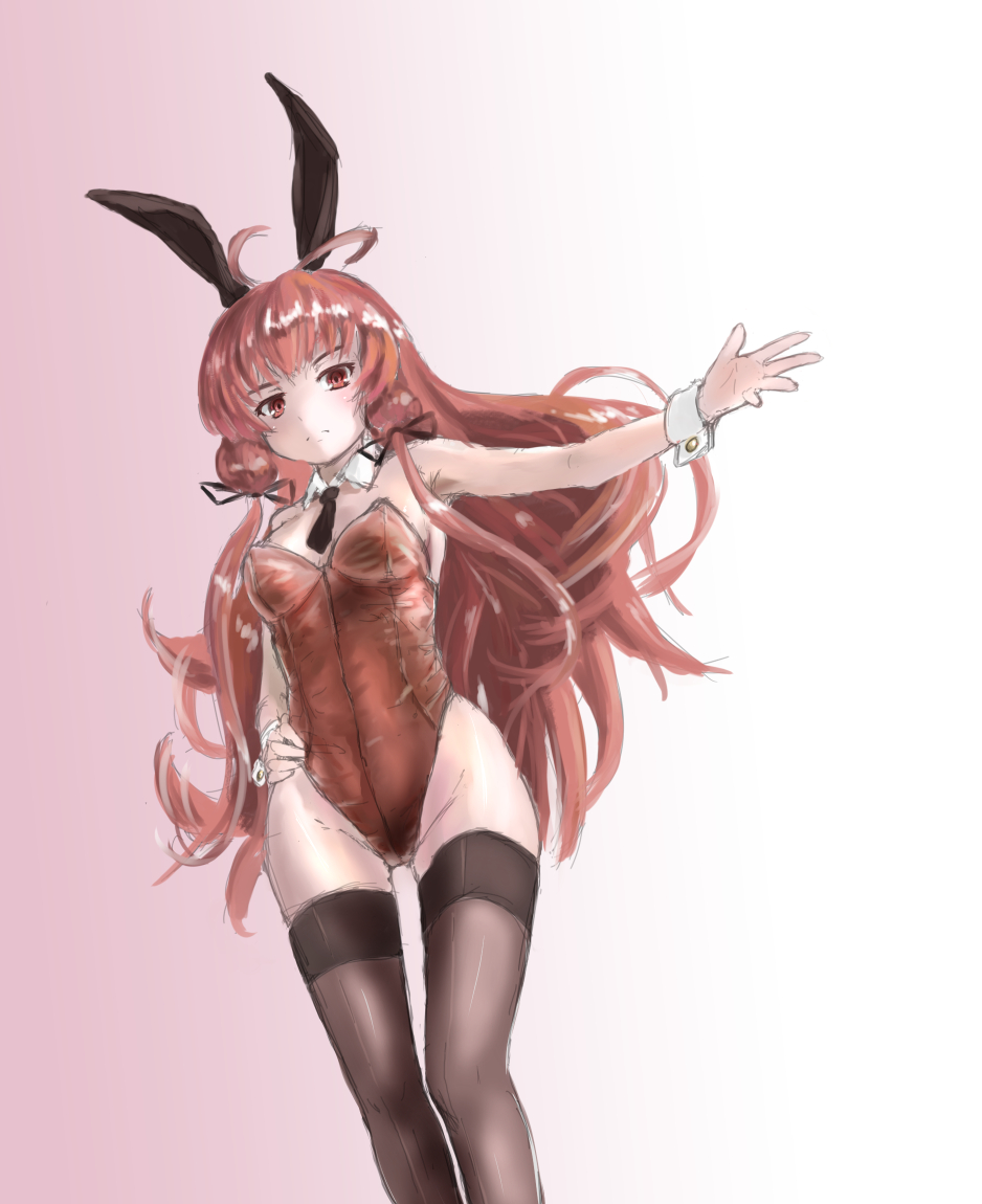 1girl, animal_ears, antenna_hair, blush, breasts, bunnysuit, colored, detached_collar